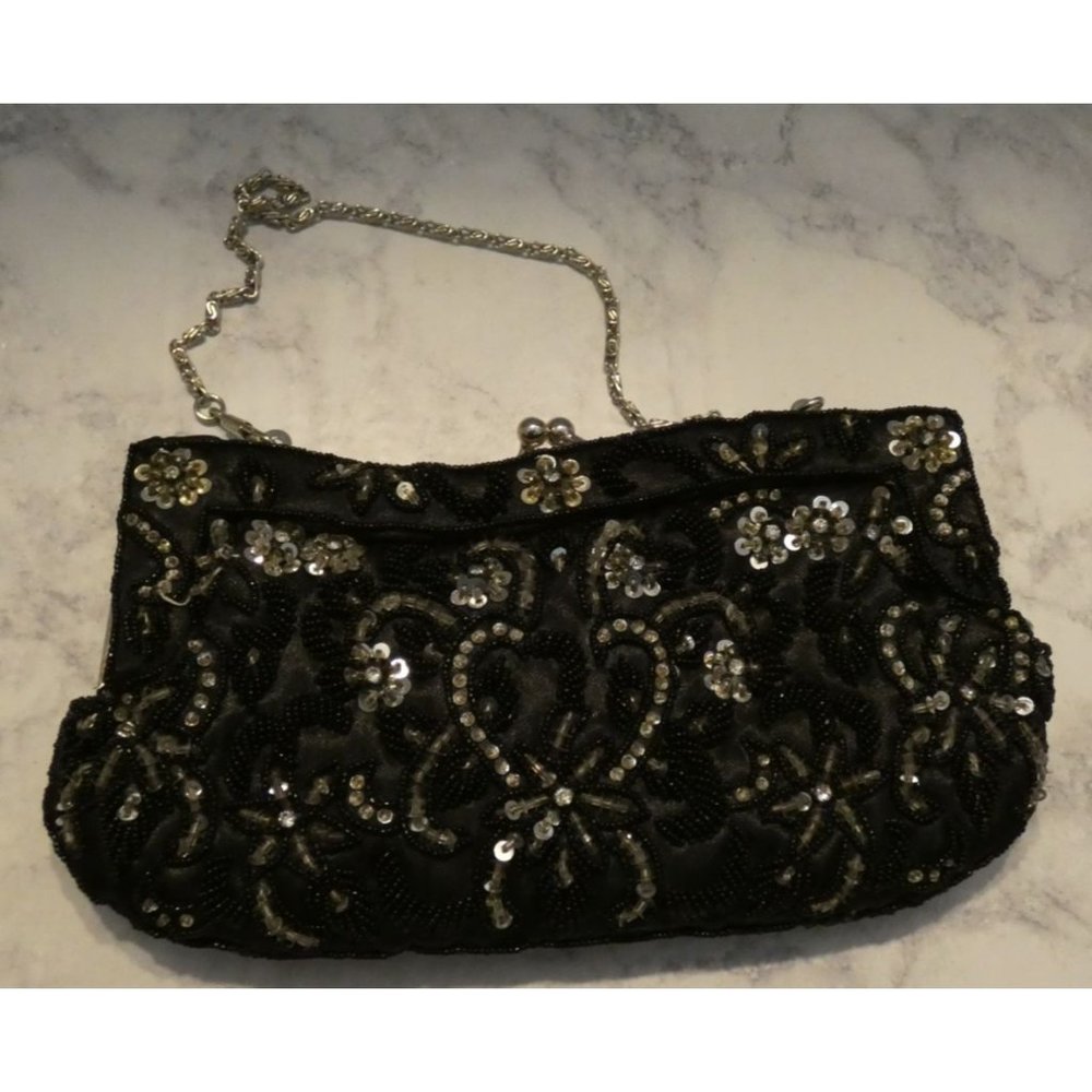 Vintage Black and White Beaded Clutch handbag with Metal strap